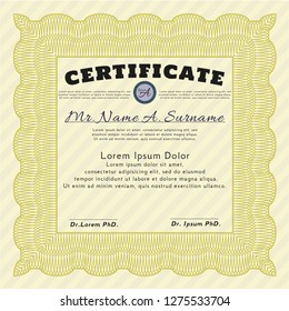 Yellow Certificate or diploma template. Easy to print. Vector illustration. Money design. 
