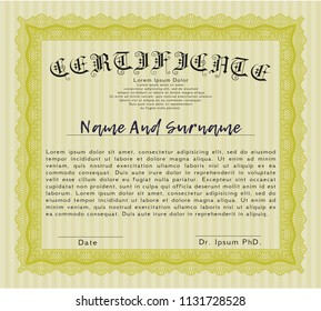 Yellow Certificate or diploma template. Excellent design. Detailed. Easy to print. 