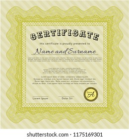 Yellow Certificate or diploma template. Excellent design. Customizable, Easy to edit and change colors. With guilloche pattern and background. 