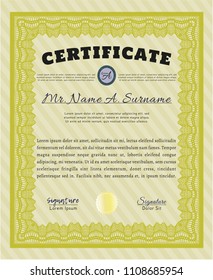 Yellow Certificate or diploma template. With great quality guilloche pattern. Retro design. Detailed. 