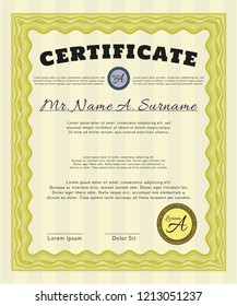 Yellow Certificate or diploma template. With great quality guilloche pattern. Excellent design. Vector illustration. 