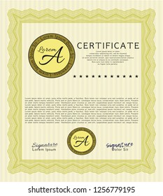 Yellow Certificate or diploma template. With guilloche pattern and background. Money style design. Customizable, Easy to edit and change colors. 