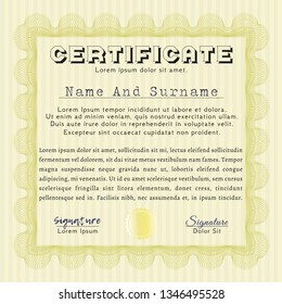 Yellow Certificate or diploma template. With guilloche pattern. Customizable, Easy to edit and change colors. Money design. 