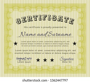 Yellow Certificate or diploma template. With guilloche pattern and background. Superior design. Detailed. 