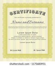 Yellow Certificate or diploma template. With linear background. Vector illustration. Perfect design. 