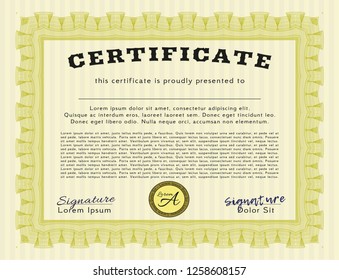 Yellow Certificate or diploma template. With linear background. Detailed. Good design. 
