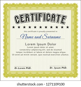 Yellow Certificate or diploma template. With linear background. Money style design. Vector illustration. 