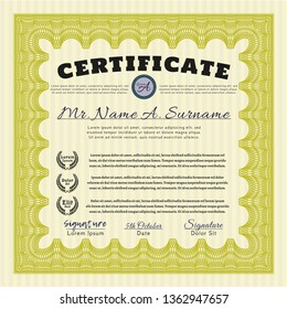 Yellow Certificate or diploma template. With linear background. Money Pattern design. Detailed. 