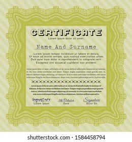 Yellow Certificate or diploma template. With linear background. Vector illustration. Excellent design. 
