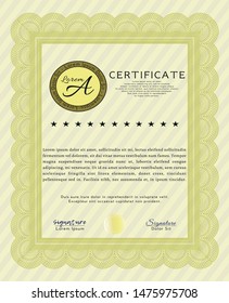 Yellow Certificate or diploma template. Lovely design. Vector illustration. With complex background. 
