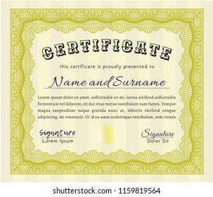 Yellow Certificate or diploma template. Modern design. Vector illustration. With background. 