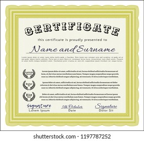 Yellow Certificate or diploma template. Money Pattern. With guilloche pattern and background. Customizable, Easy to edit and change colors. 