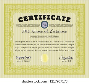 Yellow Certificate or diploma template. Money style design. Vector illustration. With quality background. 