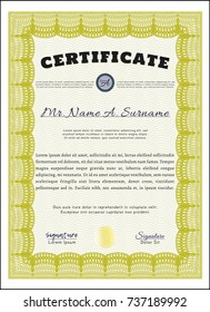 Yellow Certificate or diploma template. Money design. With complex background. Detailed. 