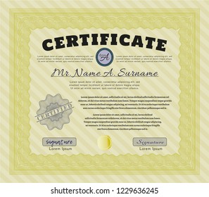 Yellow Certificate or diploma template. Perfect design. Vector illustration. With guilloche pattern. 