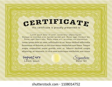 Yellow Certificate or diploma template. Printer friendly. Vector illustration. Artistry design. 