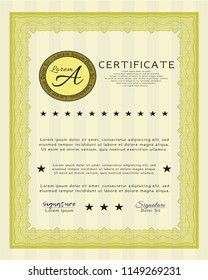 Yellow Certificate or diploma template. Printer friendly. Artistry design. Detailed. 