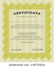 Yellow Certificate or diploma template. Printer friendly. Modern design. Vector illustration. 