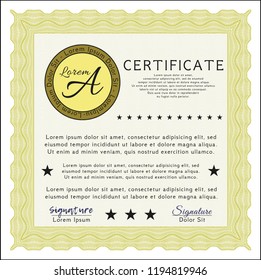 Yellow Certificate or diploma template. Printer friendly. Detailed. Cordial design. 