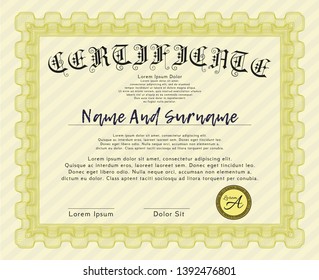 Yellow Certificate or diploma template. Printer friendly. Nice design. Customizable, Easy to edit and change colors. 