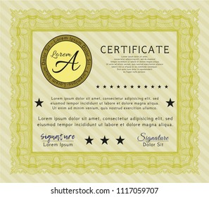 Yellow Certificate or diploma template. Retro design. Detailed. With guilloche pattern and background. 