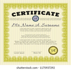 Yellow Certificate or diploma template. Superior design. With linear background. Customizable, Easy to edit and change colors. 