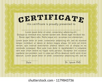 Yellow Certificate or diploma template. Superior design. With background. Detailed. 