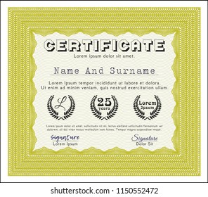 Yellow Certificate or diploma template. Vector illustration. Printer friendly. Money style design. 