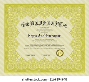 Yellow Certificate or diploma template. Vector illustration. Printer friendly. Modern design. 