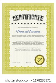 Yellow Certificate or diploma template. Vector illustration. With linear background. Money style design. 