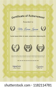 Yellow Certificate or diploma template. Vector illustration. With linear background. Sophisticated design. 