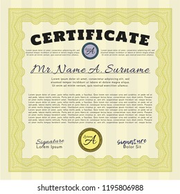 Yellow Certificate or diploma template. Vector illustration. With guilloche pattern. Modern design. 