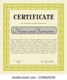 Yellow Certificate or diploma template. Vector illustration. Complex background. Superior design. 