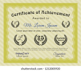 Yellow Certificate or diploma template. Vector illustration. With linear background. Modern design. 