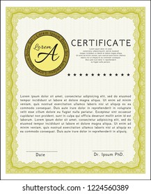 Yellow Certificate or diploma template. Vector illustration. With background. Artistry design. 
