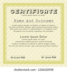 Yellow Certificate or diploma template. Vector illustration. With great quality guilloche pattern. Modern design. 