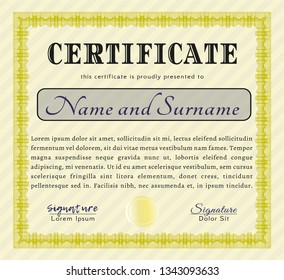 Yellow Certificate or diploma template. Vector illustration. Printer friendly. Perfect design. 