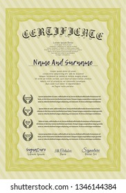 Yellow Certificate or diploma template. Vector illustration. With linear background. Good design. 
