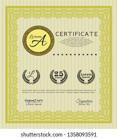 Yellow Certificate or diploma template. Vector illustration. Easy to print. Money style design. 