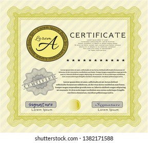 Yellow Certificate or diploma template. Vector illustration. With guilloche pattern. Money Pattern design. 