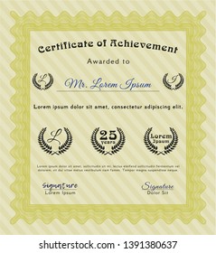 Yellow Certificate or diploma template. Vector illustration. With background. Lovely design. 