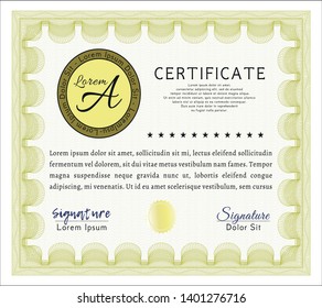 Yellow Certificate or diploma template. Vector illustration. With great quality guilloche pattern. Money Pattern. 