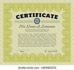 Yellow Certificate or diploma template. Vector illustration. With great quality guilloche pattern. Money design. 