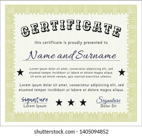 Yellow Certificate or diploma template. Vector illustration. Printer friendly. Artistry design. 