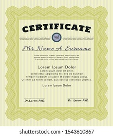 Yellow Certificate or diploma template. Vector illustration. With guilloche pattern. Money Pattern design. 