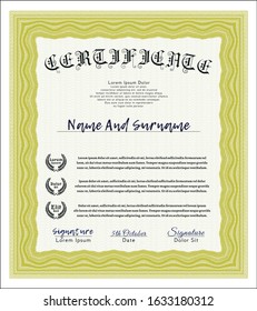 Yellow Certificate or diploma template. Vector illustration. With complex background. Money design. 