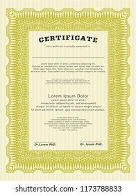 Yellow Certificate. Elegant design. Detailed. With guilloche pattern. 