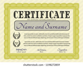 Yellow Certificate. Excellent design. Customizable, Easy to edit and change colors. With guilloche pattern. 