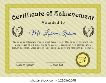 Yellow Certificate. Excellent design. Detailed. With guilloche pattern and background. 