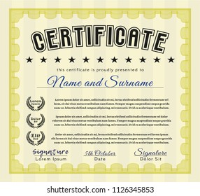 Yellow Certificate. Excellent design. Vector illustration. Complex background. 